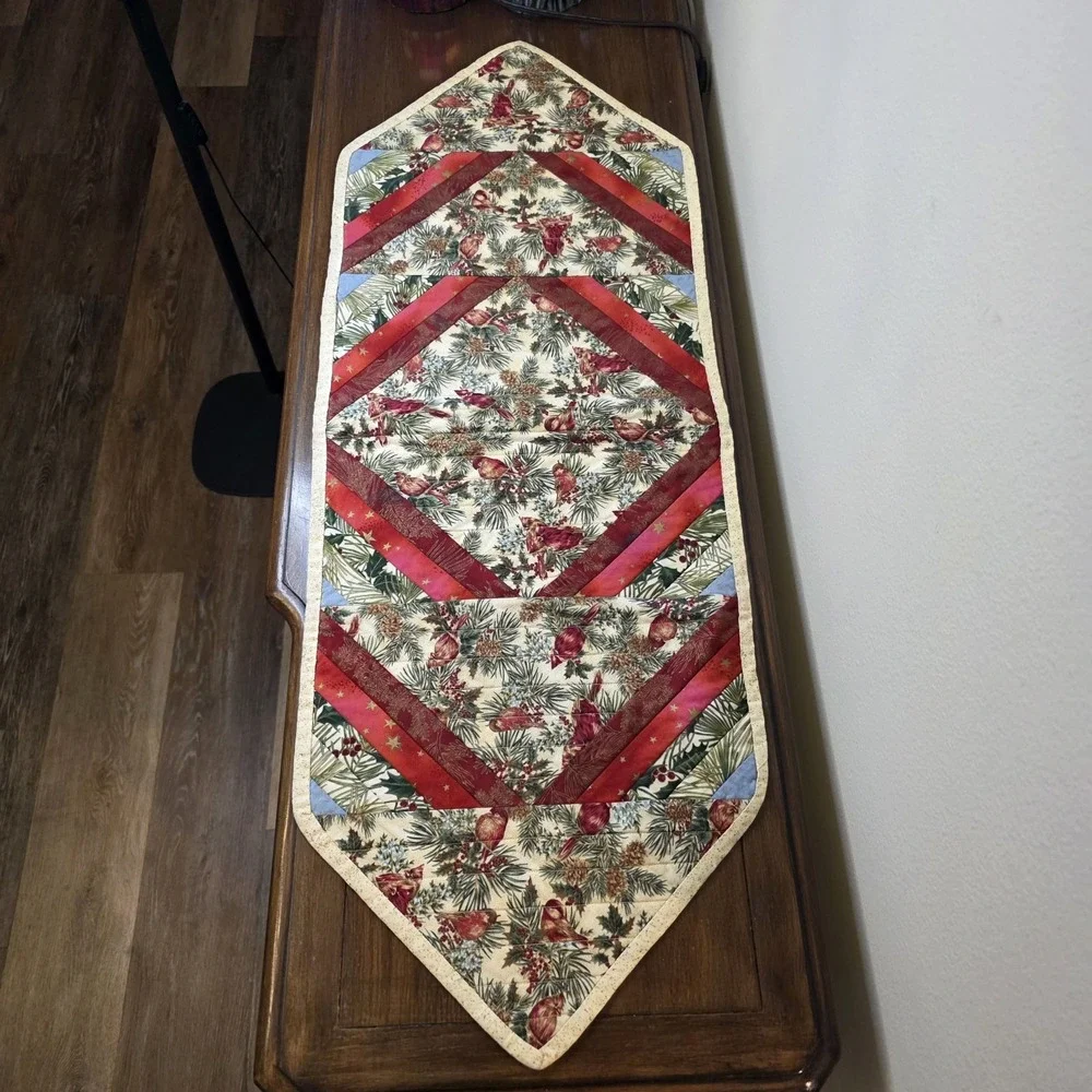 Reversible Christmas Thanksgiving Quilted Table Runner Handmade 14.5x40
